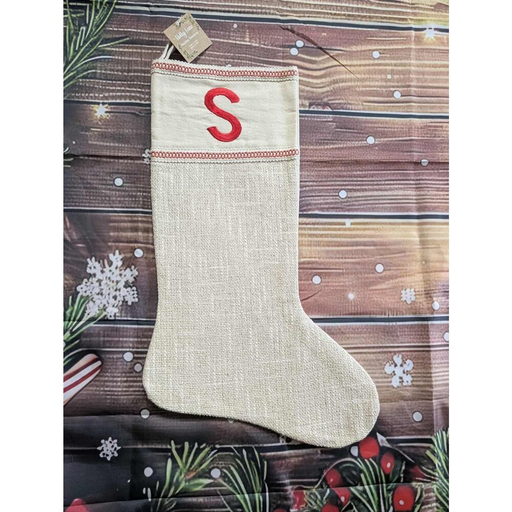 NEW Letter "S" Embroidered Beige Burlap Shimmer Christmas Stocking 20" Holiday
